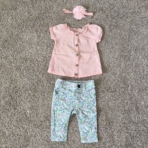 Carters baby girl top blouse shirt w matching headband and floral pants 3 months